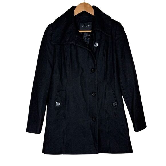 Nine West Black Long Sleeve Peacoat Jacket Size 2 Wool Blend Single Breasted - Picture 1 of 12